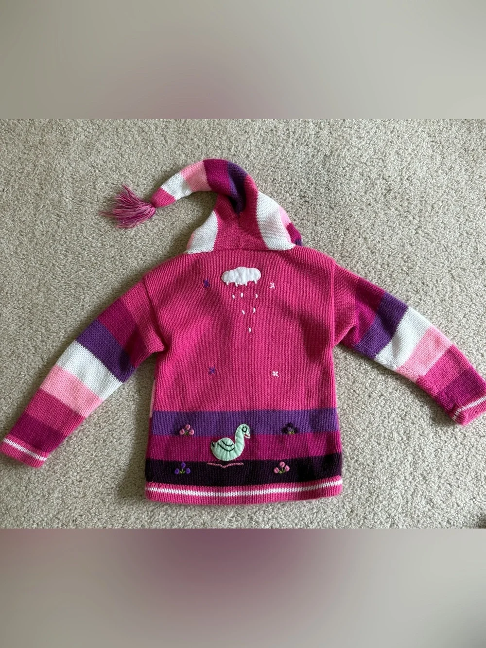 Girls' Pink Striped Hooded Knit Sweater with Animal Appliqués